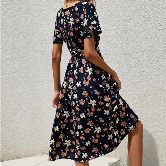 Boho floral flutter sleeve belted A line dress - Picture 3 of 16